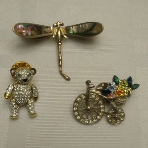 Set of 3 pins - Teddy Bear, Dragonfly, and Bicycle with Flowers
